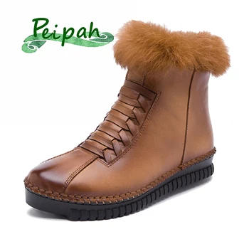 

PEIPAH Women Snow Boots Winter Genuine Leather Ankle Boots For Woman Retro Zip Warm Pluch Flat Winter Shoes Female Boots