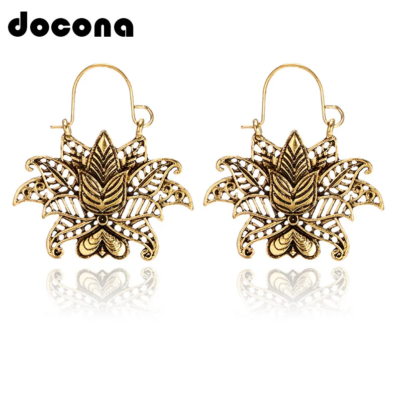 

docona Antique Hollow Flower Earring for Women Girl Gold Silver Color Metal Floral Hook Pendant Earrings Pendientes 3919