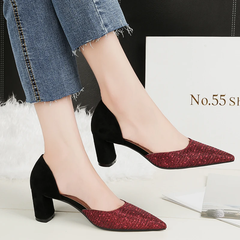 

2018 Women Summer 5.5cm Fetish High Heels Sandals Glitter Lady Sequin Cute Pumps Female Buckle Scarpins Chunky Block Heels Shoes