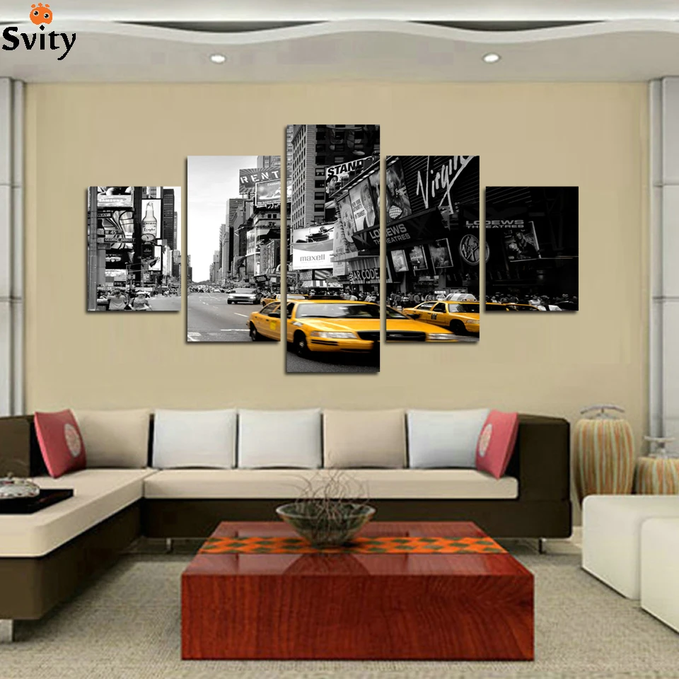 

5Pcs/Set Landscape City Painting Prints On Canvas Traffic Torrent Yellow Car Wall Pictures with Frames For Living Room Hot