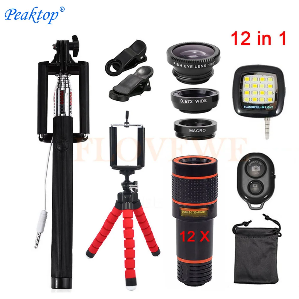 

With Clips 12in1 Kits 12x Zoom Telephoto Lentes 3in1 Fish eye Fisheye Lens Wide Angle Macro Lenses For Cell Phone Mobile Tripod