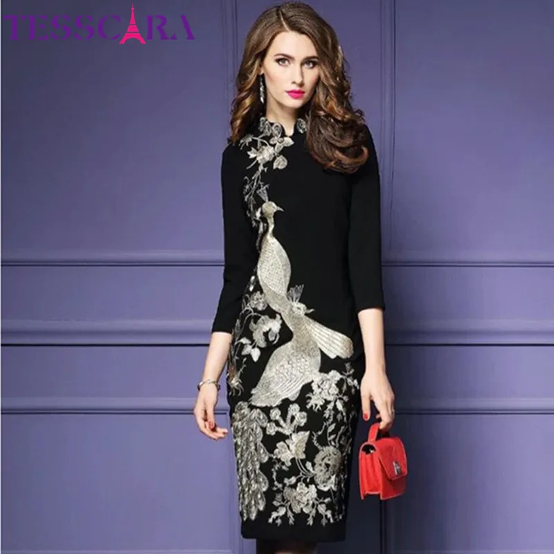 TESSCARA, Осеннее женское роскошное платье с вышивкой, женское элегантное офисное платье-карандаш, Ретро стиль, Vestidos размера плюс S-4XL