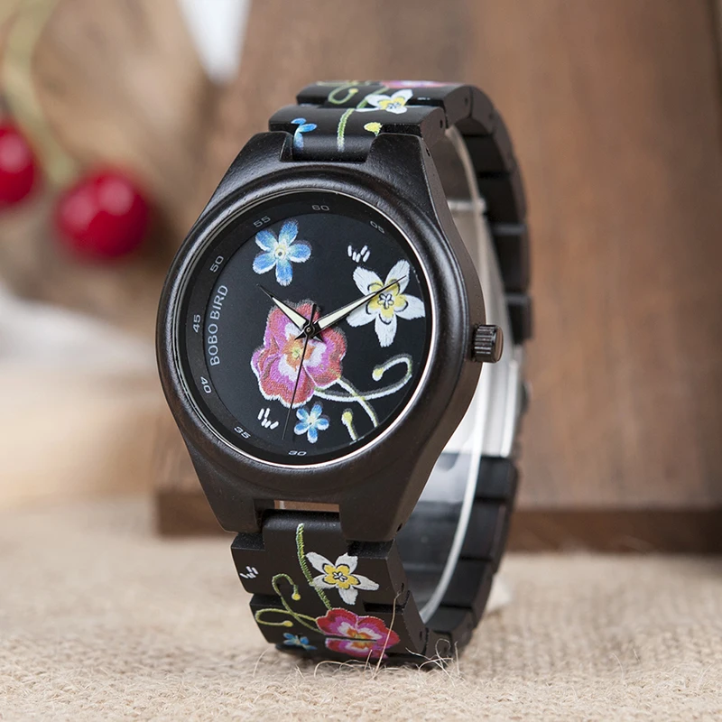 BOBO BIRD Fashionable Embroidery Series Mens Watch Broderie Dial All Ebony Wood Watches in Wooden Gift box