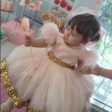 Блестящее розовое фатиновое платье с золотыми блестками для маленькой принцессы, платье на первый день рождения, бальное платье для девочек, детское платье для чаепития с бантом