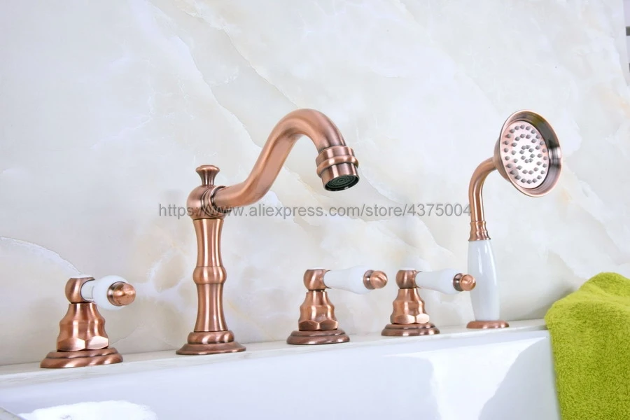 

Antique Red Copper Roman Bathtub Mixer Faucet Set with Handheld Shower Deck Mounted 5 Holes Hot and Cold Taps Ntf227