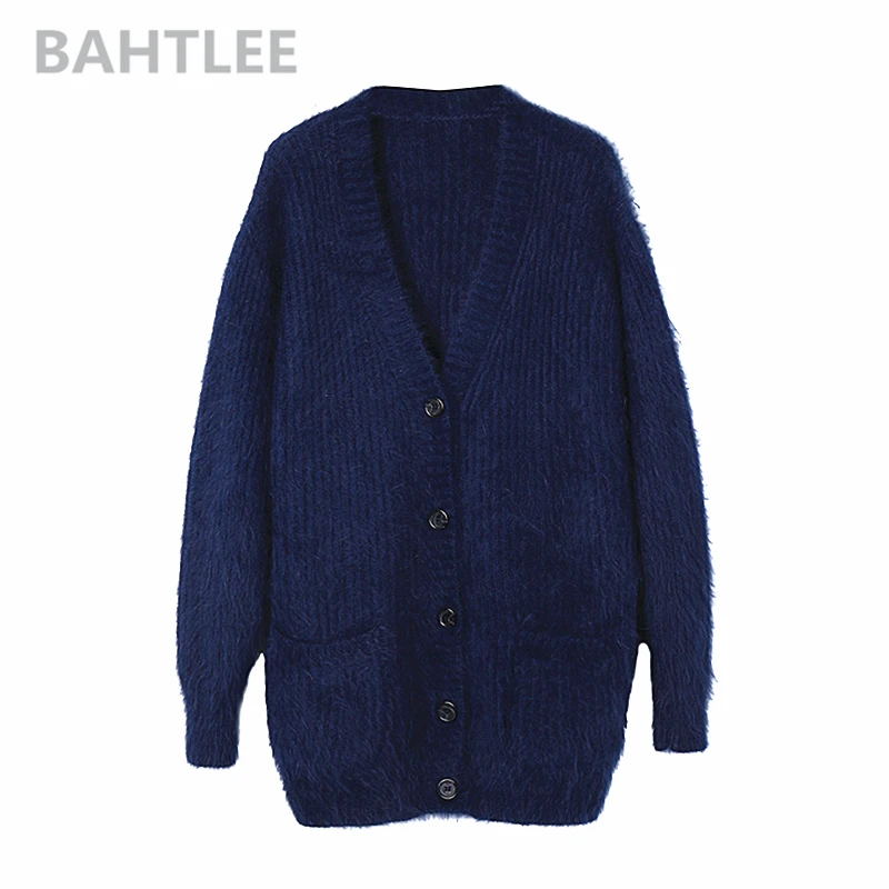 BAHTLEE, вязаное пальто, женский кардиган из ангоры, свитер, норка, кашемир, v-образный вырез, пуговица, карман, толстый, сохраняет тепло