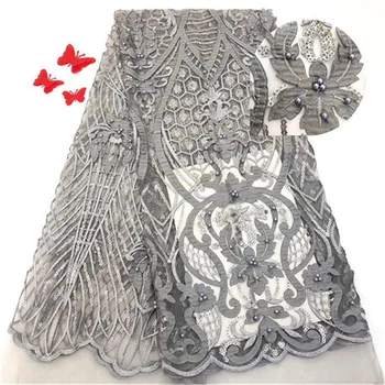 

gray green pink beads Net Lace Fabric 2019 High Quality African Mesh Wedding Bride Dress Sewing beads Embroidered Material