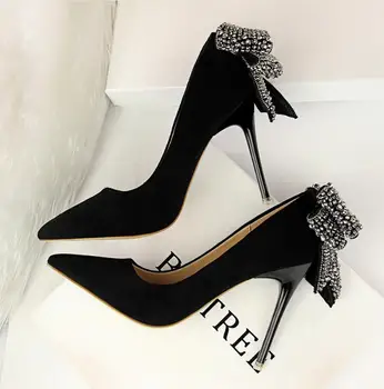 

Korean fashion high heel women's shoes stiletto high heel suede shallow mouth pointed rhinestone bow single shoes