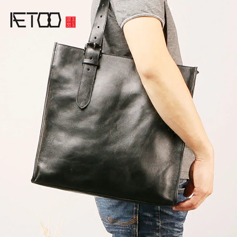 

AETOO Men's leather shoulder bag, fashion casual single shoulder lady satchel bag, trendy cowhide shopping bag