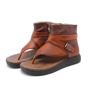 

6088-26 New Ladies Summer Shoes Herringbone Toe Clip Retro British Style Soft Flat Sole Cowhide Leather Women's Sandals