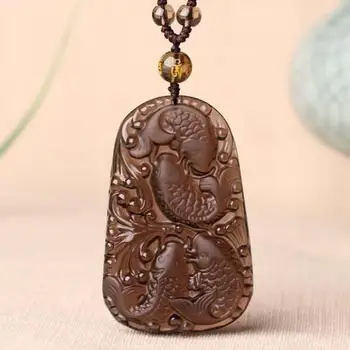 

Koraba Fine Jewelry 100% Natural Ice Obsidian Hand Carved Fish Lucky Pendants + Free Necklace Free Shipping