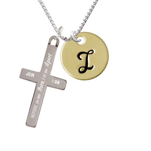 Large Gold Tone Disc Letter - I - 3/4'' - I Set You Apart - Cross Necklace (1)