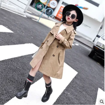 

Girls Waist Trench Coat 2019 New Spring and Autumn Children's Khaki Color Windbreaker Double-breasted Size110-160 Kids4-14 ly210