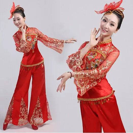 Chinese traditional costumes yangko waist drum fan dance clothing group dance stage performance classical dance costume