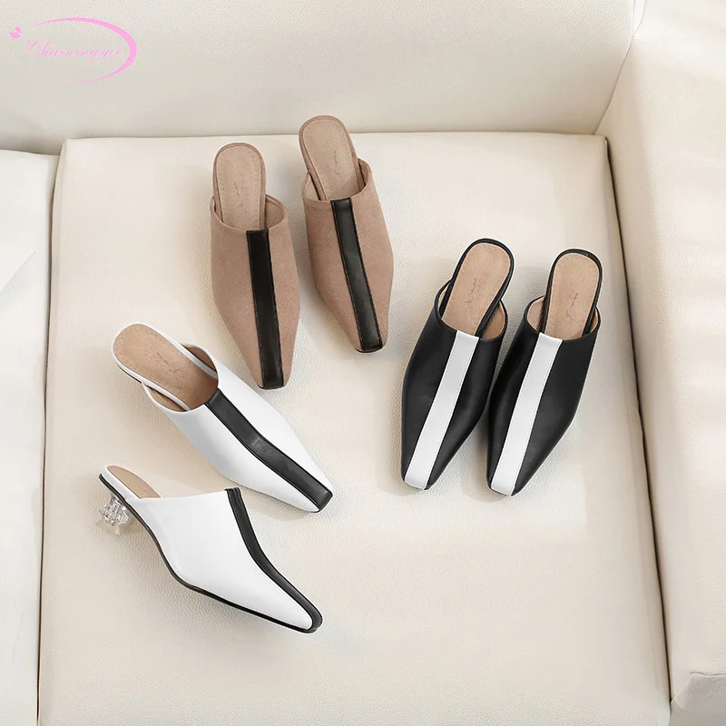 

European street style summer square toe slippers fashion color matching white apricot black medium heel thick women shoes