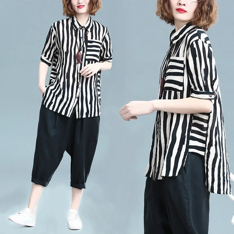 

Elegant Office Lady Work Striped Shirt With Pocket Turn Down Collar Summer Short Sleeve Tops Asymmetrical Irregular Blouse Femme