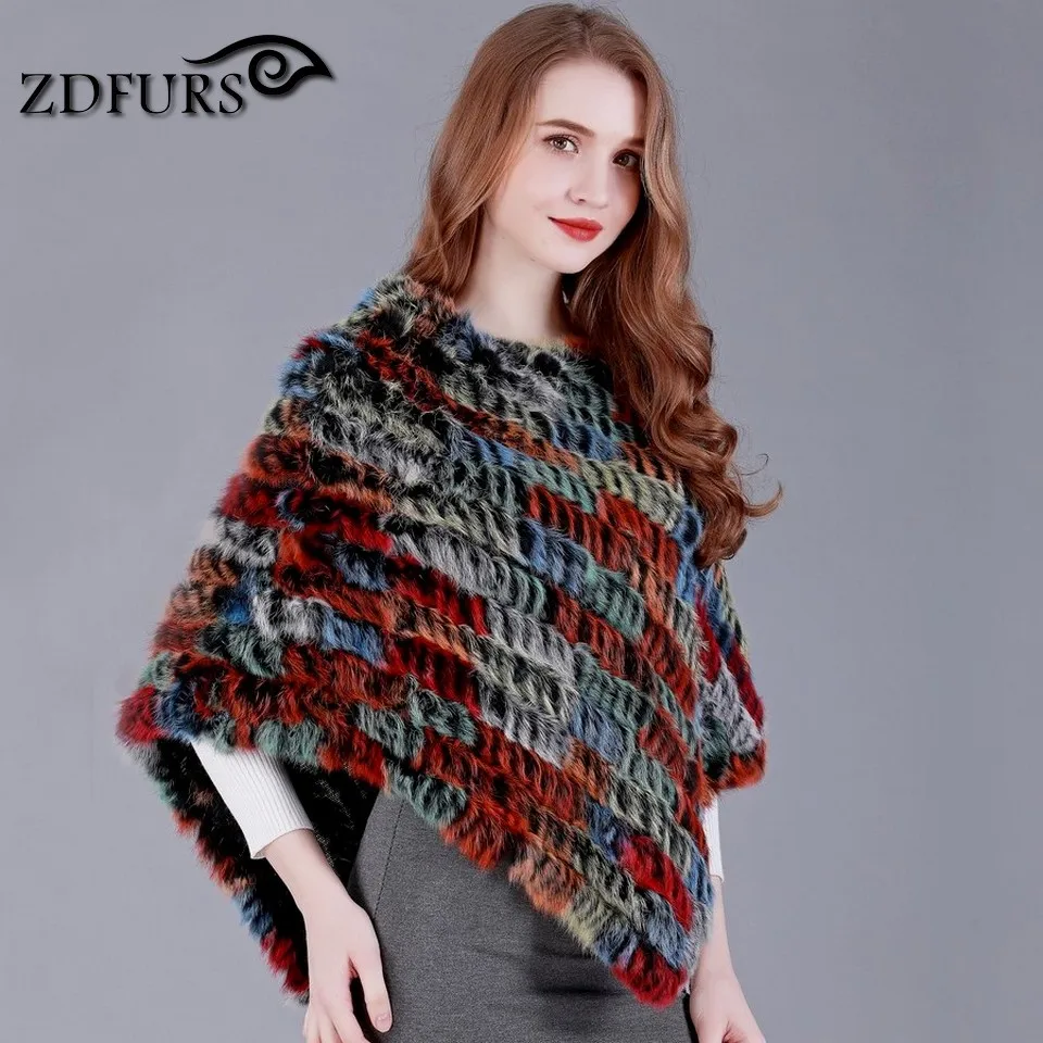 

ZDFURS * New Multicolor Hot-selling triangle rabbit fur knitted shawl cloak outerwear fur cape rhombus pullover ZDKR-165001-B