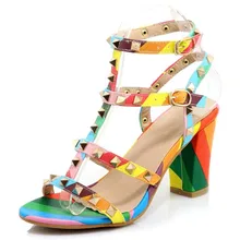 2016 neue Ankunft Mode Gladiator Sandalen Frauen High Heels Sexy nieten punk Schuhe Frau Peep Toe regenbogen Schuhe größe 31-44