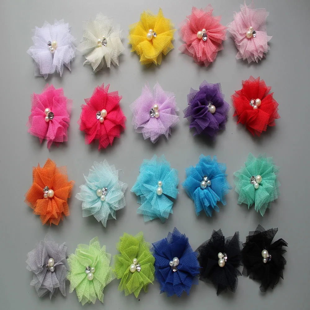 

Wholesale Mini Tulle Mesh Chiffon flower with Rhinestone Pearl flat back 16 color hair accessory 1000pcs/lot free shipping