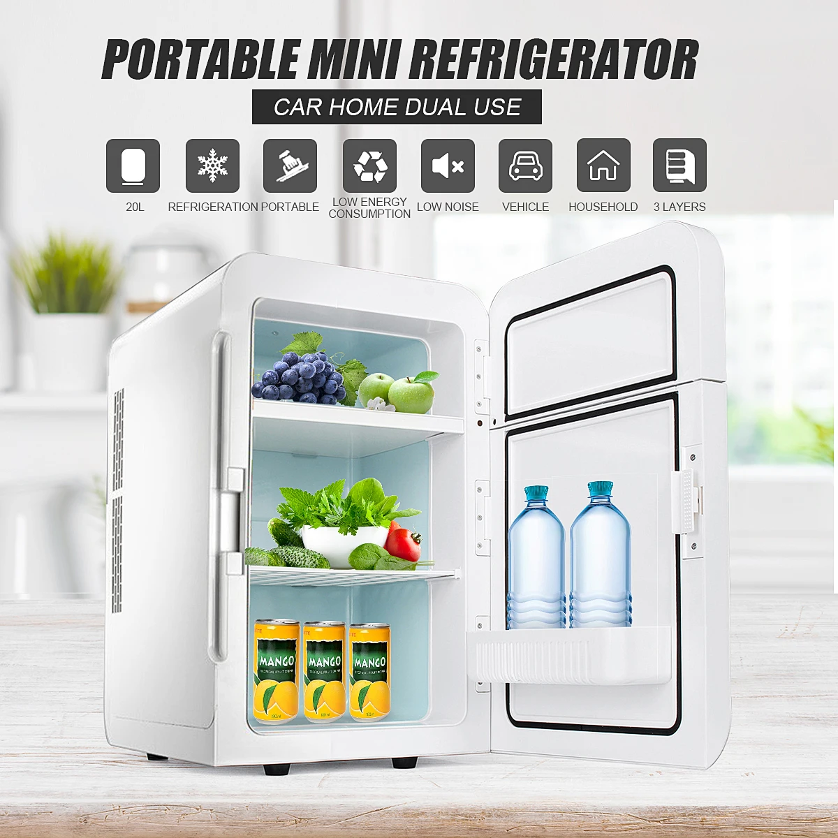 

20L 12V/220V 65W Portable Refrigerator Car Home Caravan Boat Fridge Cooler/Warmer Dual Core 2 Door Design 3 Layers To Storage
