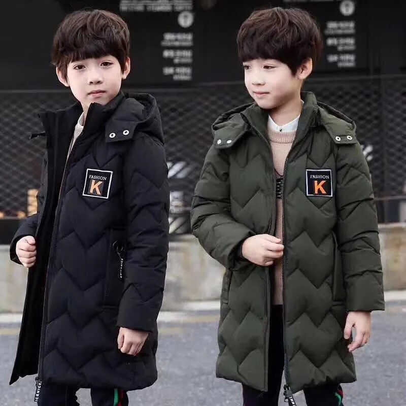 

ins hot boys winter parkas 4-13 years old Letter K labeling wave pressure line long down coat 2 color Russia winter