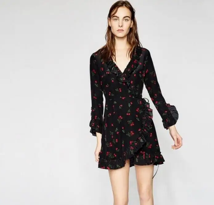 cherry print wrap dress