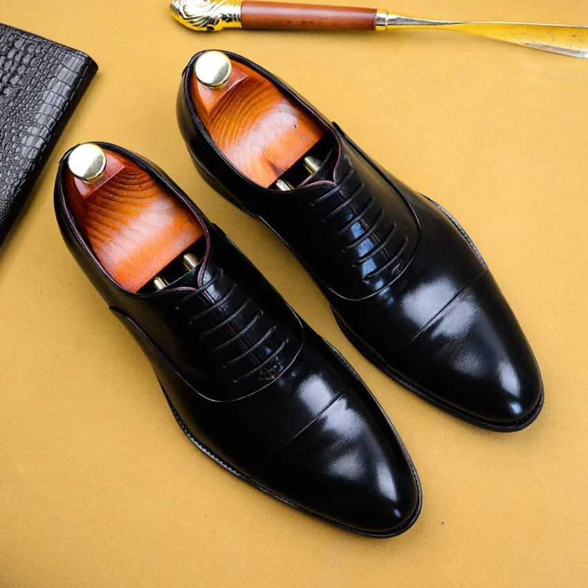 

Classic Genuine Leather Formal Dress Office Cap Toe Shoes Basic Designer Pointed Toe Handmade Men's Wedding Party Oxfords AS117