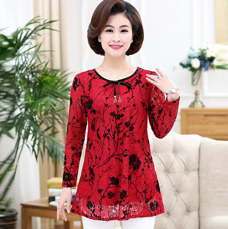 SexeMara, кружевная футболка с длинным рукавом, весна, новинка, средний возраст, для мамы размера плюс, женский топ с принтом, джемпер, пуловеры - Цвет: red  7242