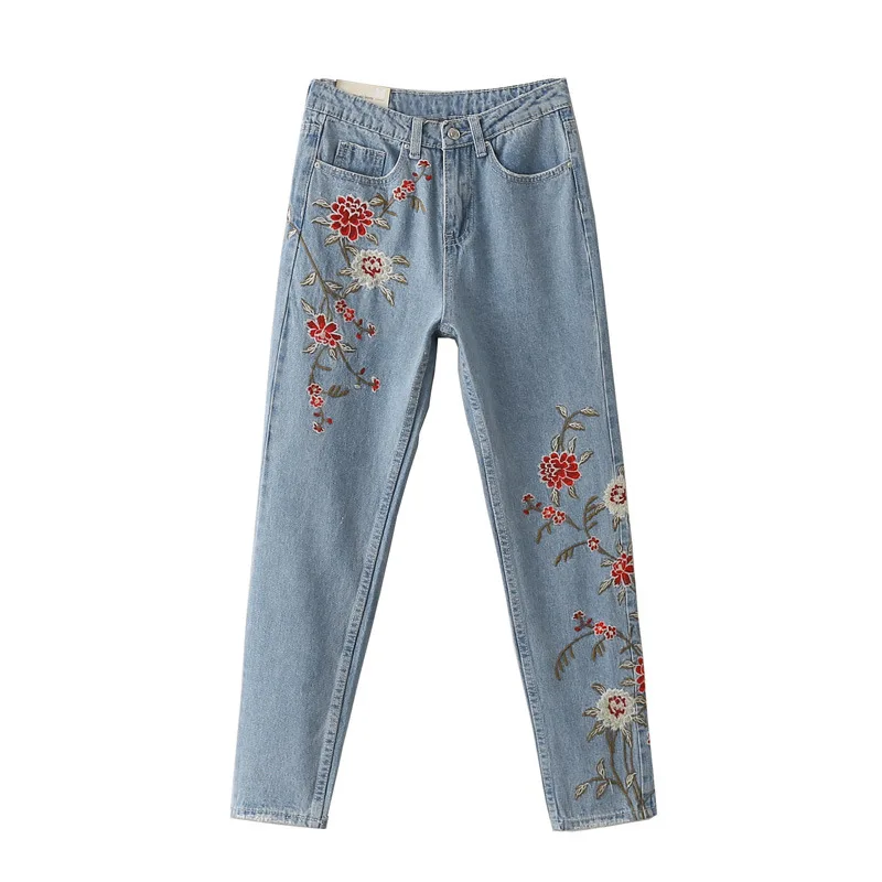 BUY LIFE 2017 flower embroidery jeans female Light blue casual pants