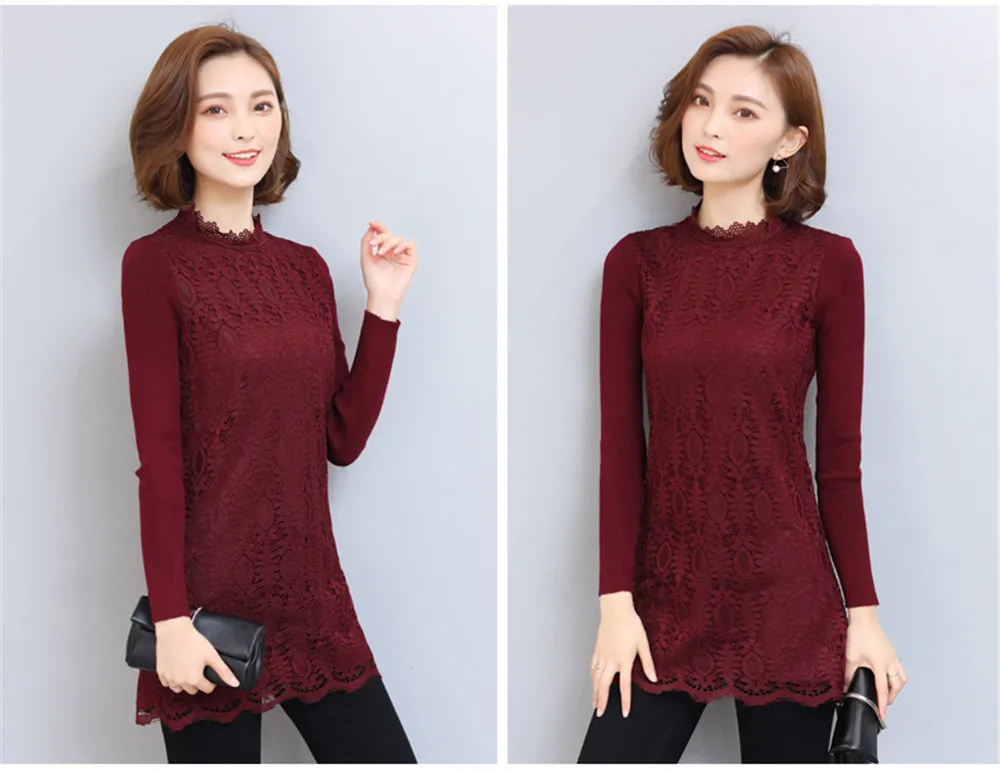 Autumn-Winter Thicken Women Lace Dress 2017 All Match Sweater Sleeve Wine Lace Dress vestido Plus Size 3XL bodycon Work Dress  (8)