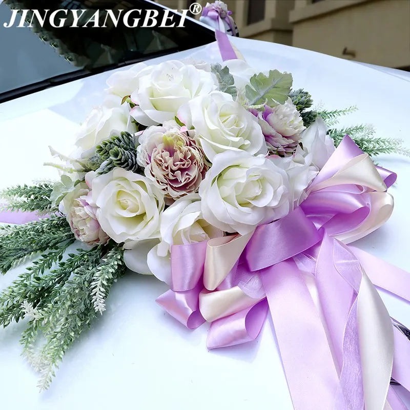 

2018 Artificial silk Rose Fake plants Ribbon bow Wedding car decoration set wedding supplies DiY Wreath flowers