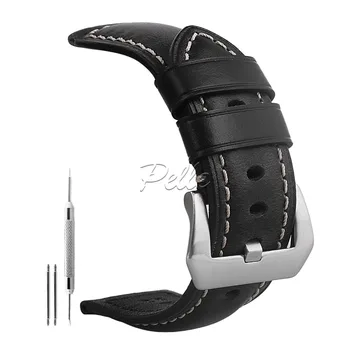 

Pelle 24mm Genuine Leather Watch Band Black Oil-tanned Natural Crack Leather Wrist Straps With Silver Buckle