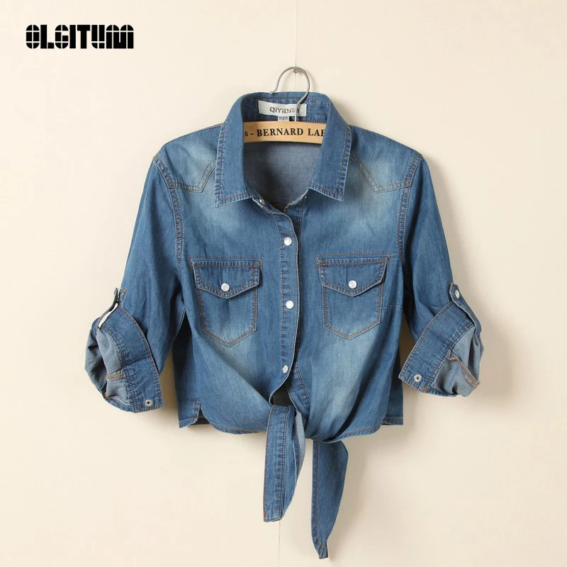 النساء الدنيم سترة الريفية الصيف مع شال اقتصاص قصيرة الدينيم الستر خمسة الأكمام الجينز ضوء/أزرق Chaquetas موهير BS063