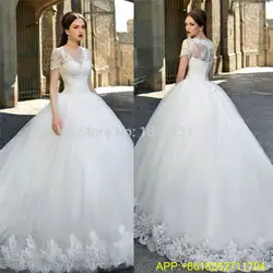 Vestido De Noiva De Renda 2019 изготовление под заказ v-образный вырез короткий рукав Тюль Аппликации пуговицы кружево бальное платье свадебное платье