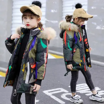 

girls winter coat 120-160cm new 2018 thick warm cotton-padded camouflage girls winter jacket kids winter overcoat blue jean