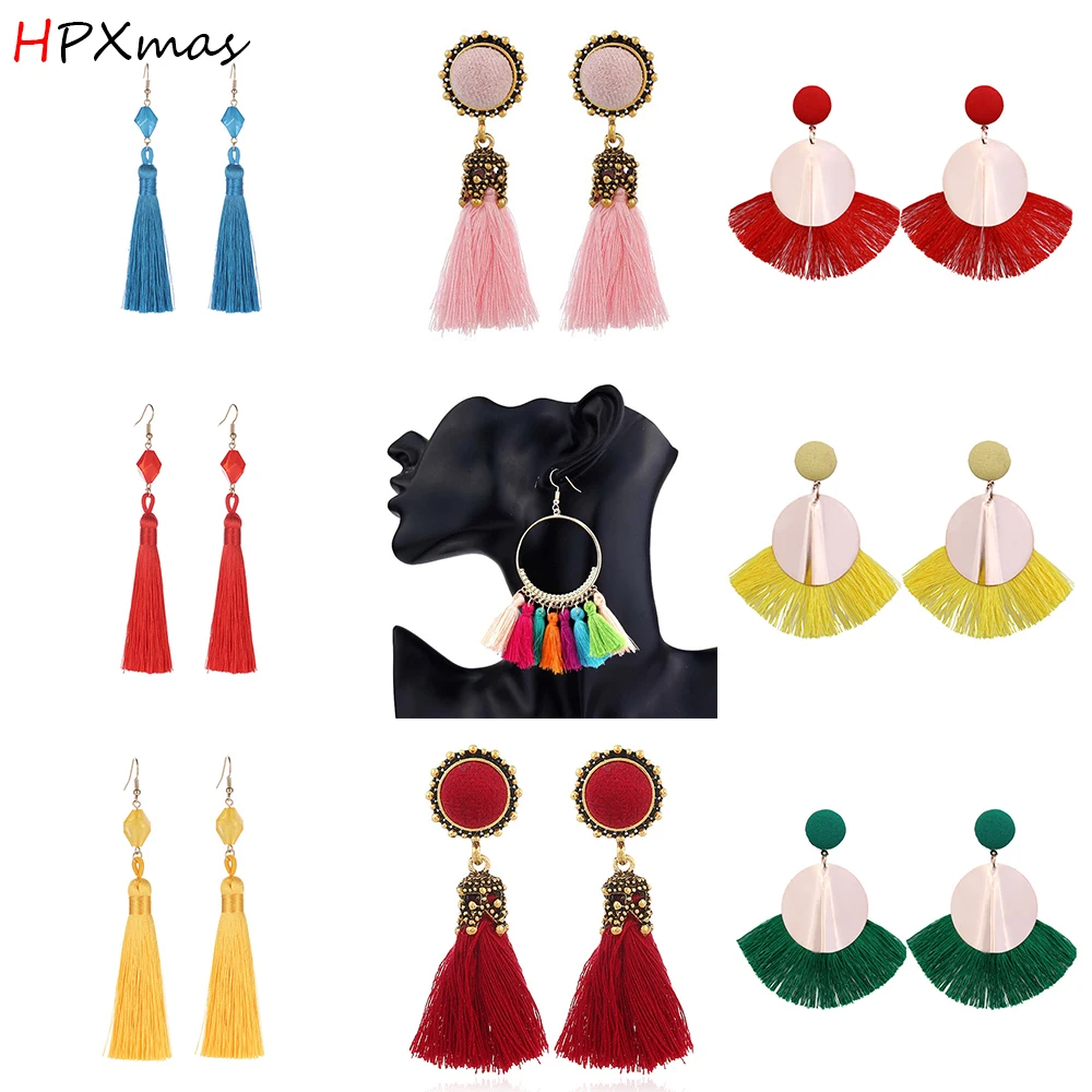 

HPXmas Fashion Bohemian Tassel Drop Dangle Statement Crystal Stone Pink Red Black Long Earrings Women Jewelry Gift A76
