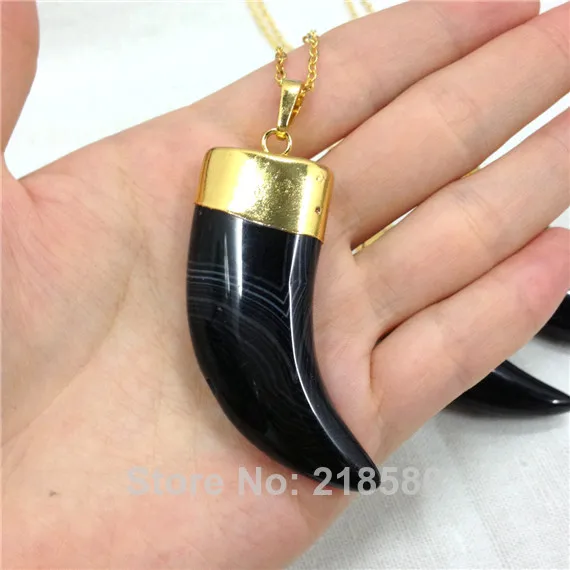 H QN106 Black Agat Рог из оникса подвеска с клыком ожерелье золотого цвета|necklace gold|pendant