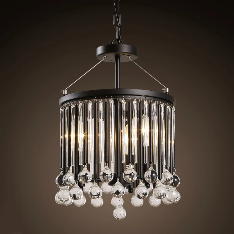 

American Retro Crystal Pendant Lamp Loft Iron European Restaurant Light Living Room Porch Lamp waterdrop Crystal LED E14 Lamp
