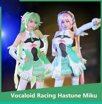 

Anime! Vocaloid Hastune Miku Green Racing Suit SJ Uniform Dress Female Cosplay Costume +Wig Free Shipping