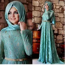 2017 New Muslim Evening Dresses A-line Long Sleeve Mint Green Lace Hijab Islamic Dubai Abaya Kaftan Long Evening Gown Prom Dress