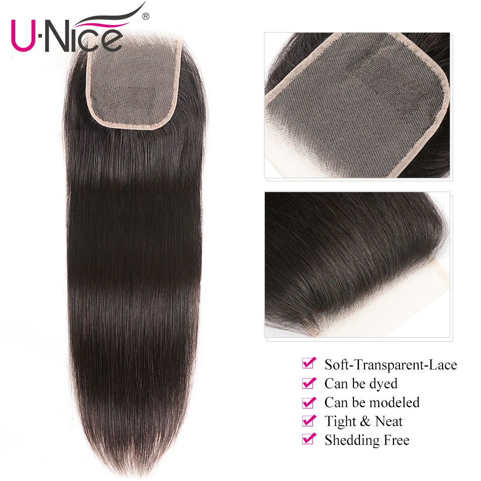 Волосы UNICE 4X4 синтетическое закрытие шнурка бразильские прямые волосы предварительно сорванные закрытие прозрачное кружево Remy человеческие натуральные цвета черный
