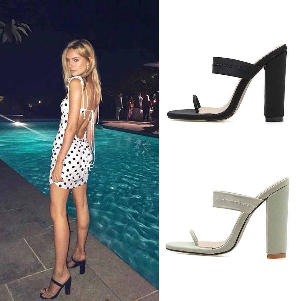 

2019 Summer Women 11.5 cm High Heels Green And Black Slipper Mules Lady chunky Heels Sandals Stripper Heels Slides Casual Shoes
