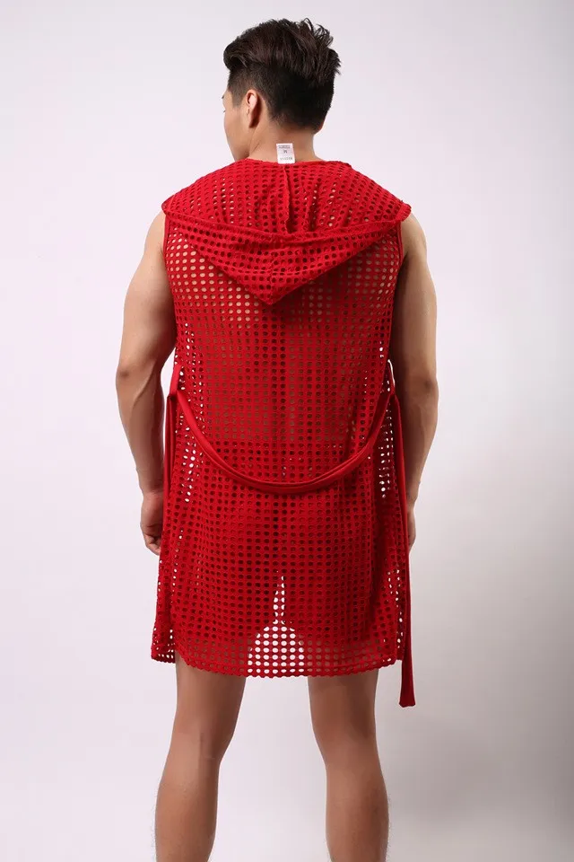 2017 Fashion HOT Men Robes Bathrobe Brand Sexy Fishnet See Inner Men Long Robe Sleepwear Mesh Hoodie Sleep Lounge Size S M L red and black plaid pajama pants
