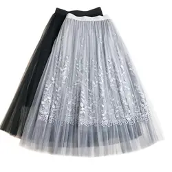 Элегантная юбка женская винтажная вышивка с высокой талией с плиссировкой, до колен юбка