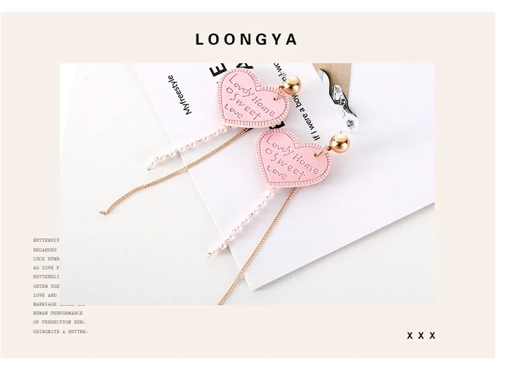 Корейский стиль Sweet Pink Love Heart Серьги для девочек длинная цепь кисточкой серьги