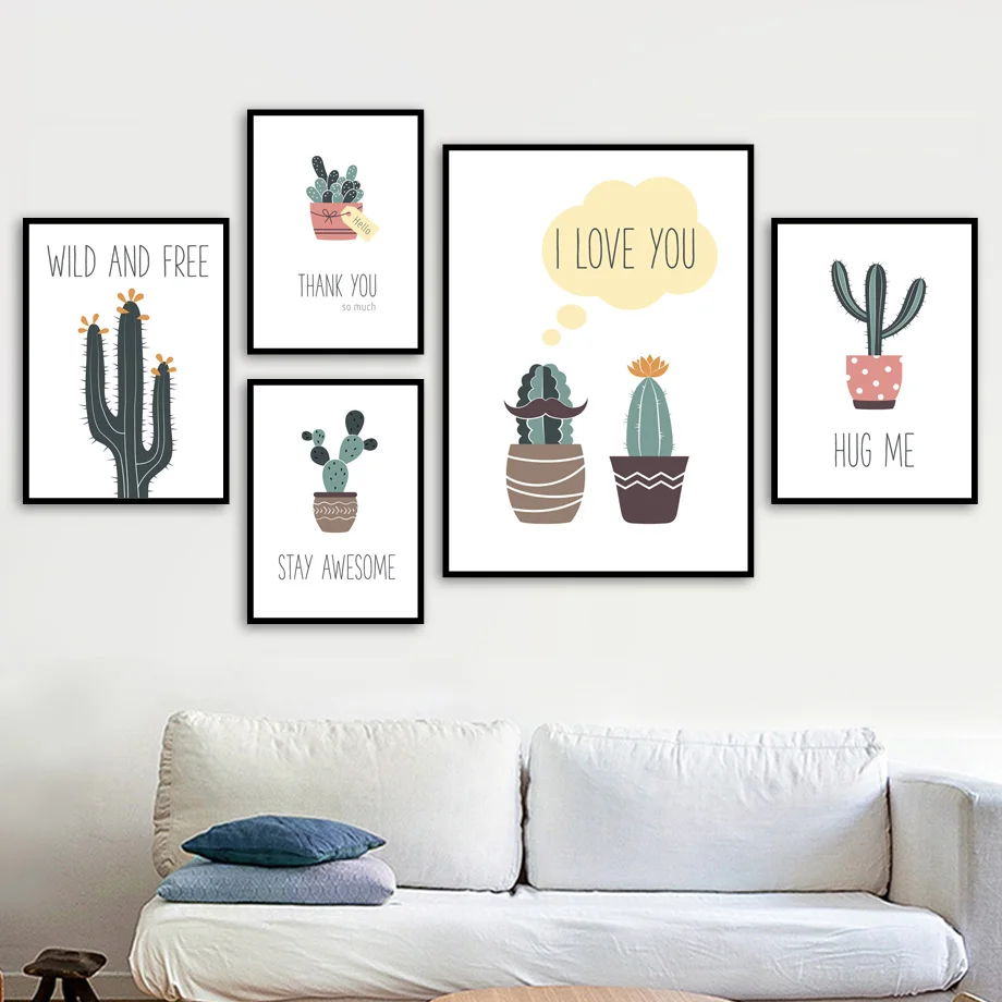 

Cartoon Cactus Quotes Nordic Poster Wall Art Canvas Painting Posters And Prints Wall Pictures For Kids Baby Girl Boy Room Decor
