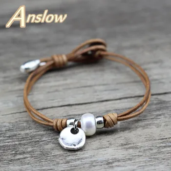 

Anslow 2018 New Arrivals 8mm Sea Shell Fashion Jewelry Vintage Silver Plated Handmade Leather Bracelet For Women Men LOW0643LB