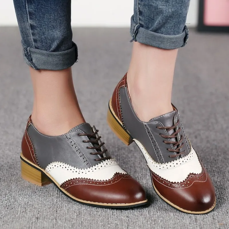 

US4-11 Womens Mid Heel Wingtip Lace Up Retro Brogues Preppy Match Colors Oxfords Shoes Cute Lolita Mary Janes 3Colors Plus Size