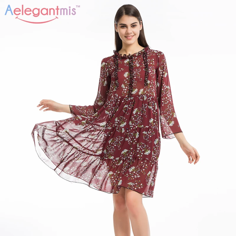 

Aelegantmis Plus Size Chiffon Floral Dress Women 2017 Midi Loose Beach Summer Flower Print Dresses Long Sleeve Stringy Selvedge