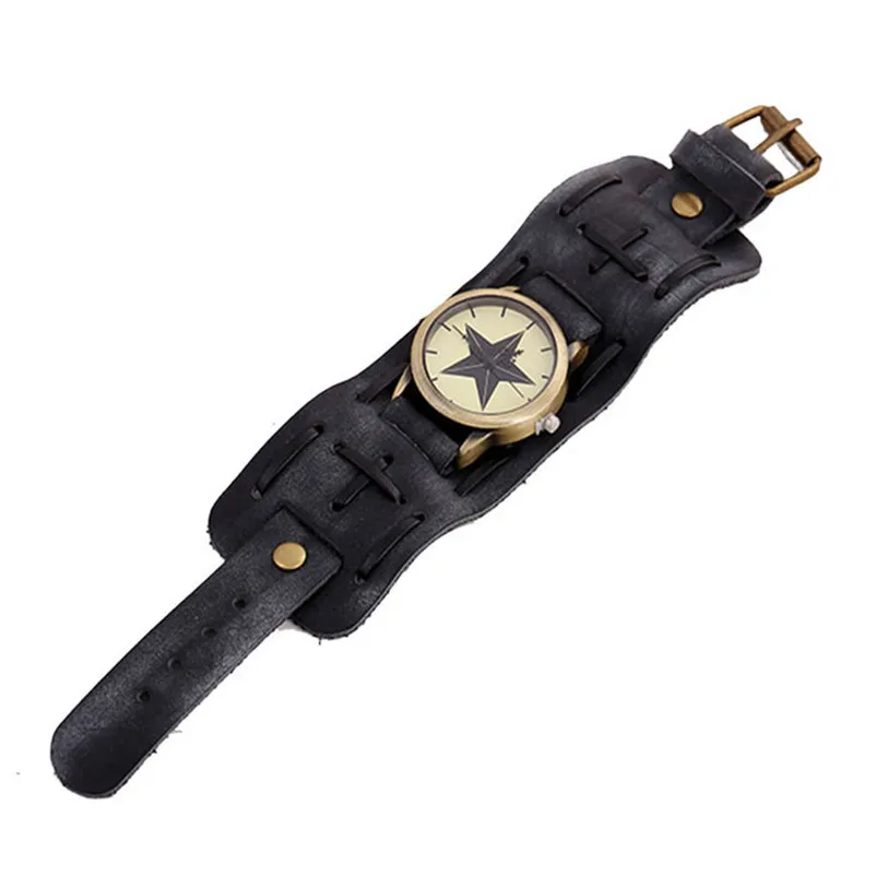Мужская мода стиль ретро панк Рок коричневый большой широкий кожаный браслет наручные часы Прямая поставка#15
